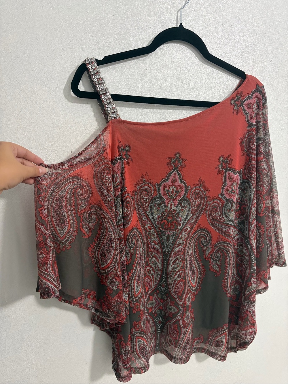 International Concepts Coral Paisley One-Shoulder Top